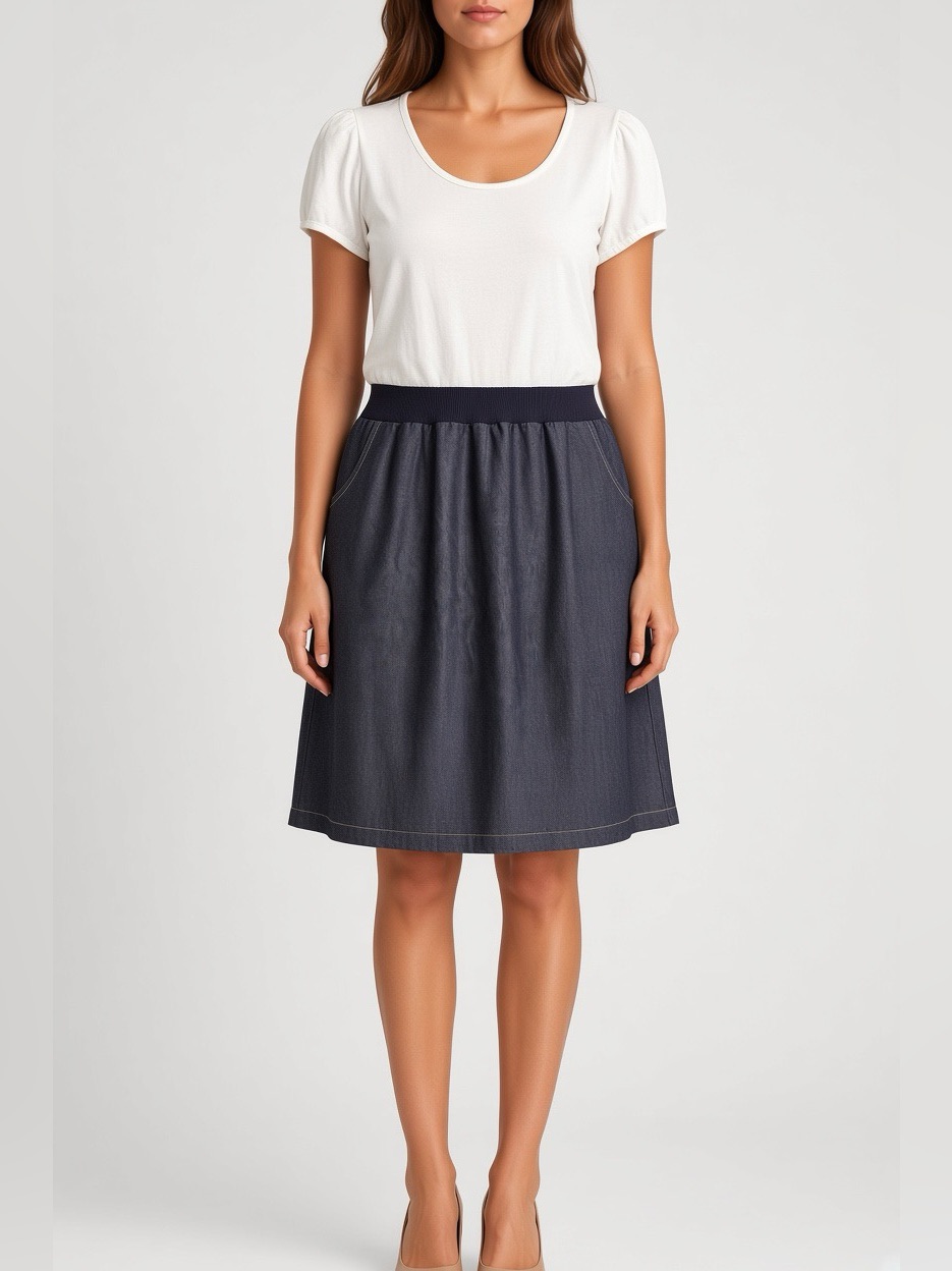 Pol White Short-Sleeve Mixed-Media Dress With Denim Skirt Size Large Like New